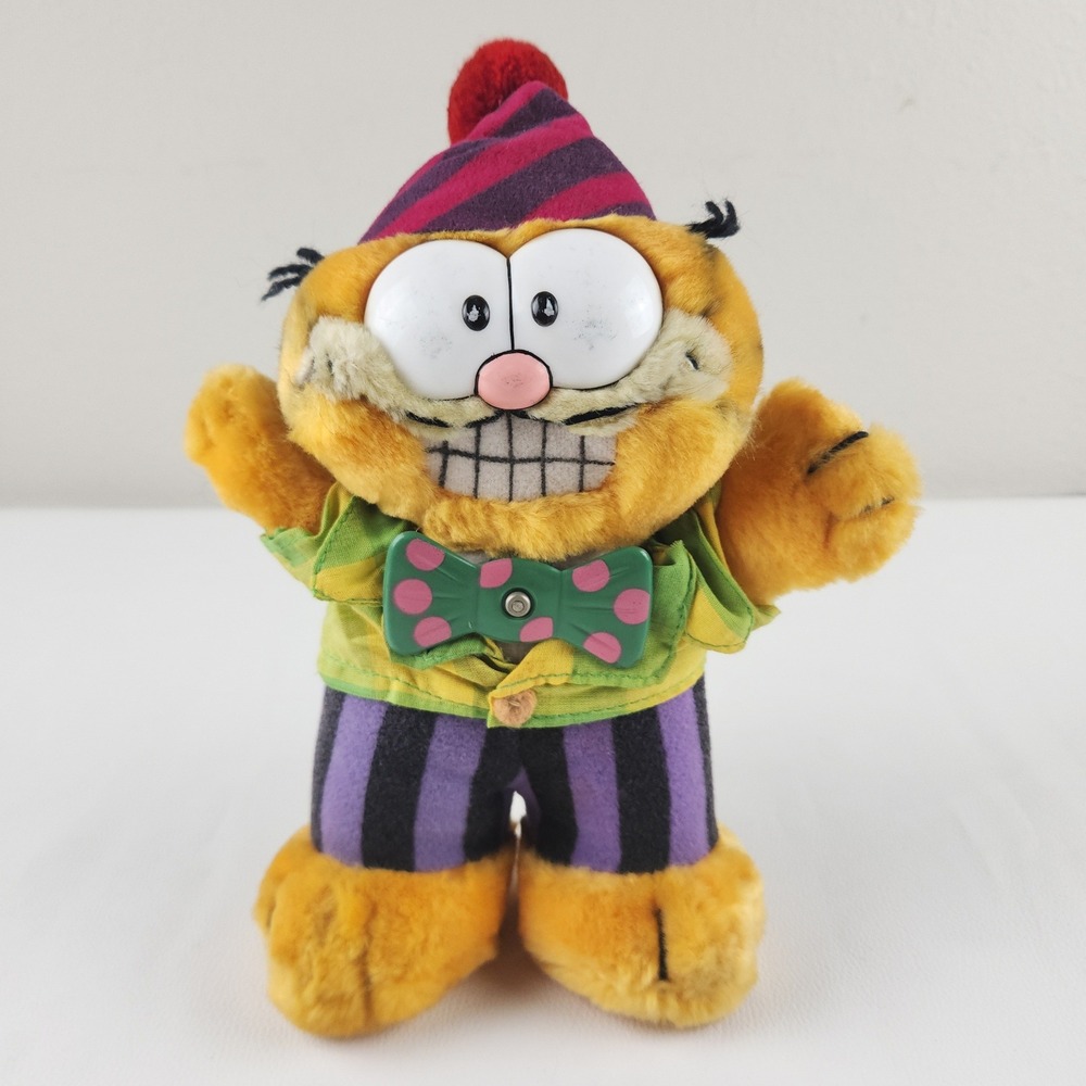 Dakin Squeeze Me Garfield Plush 9" Orange Vintage Clown Spinning Bow Tie 1981